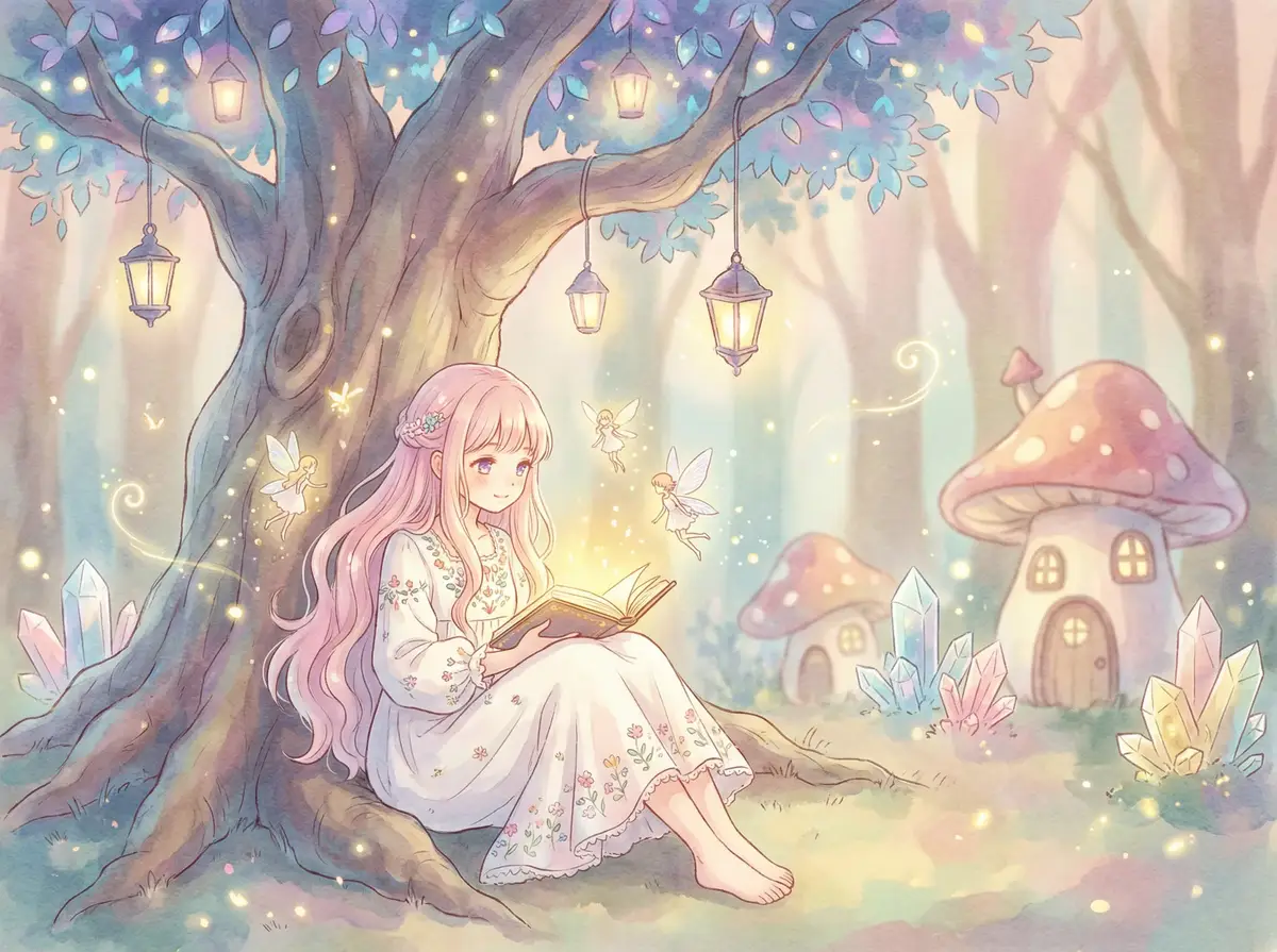 禁漫网址 - 魔法森林中阅读故事书的粉发少女与精灵